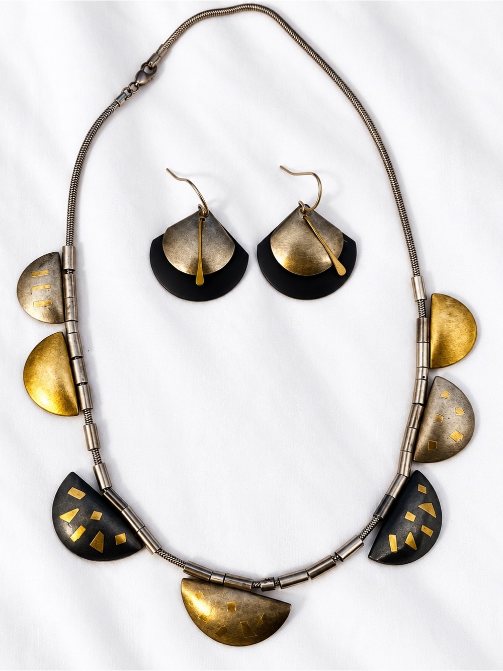 Mixed Metal Half-Moon Necklace & Earring Set - Black and Gold